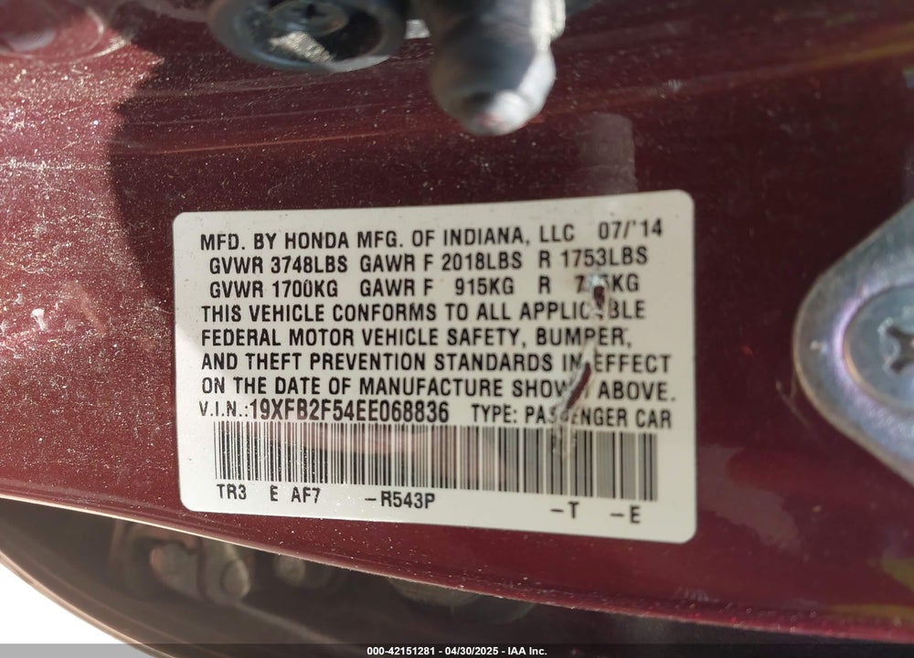2014 HONDA CIVIC VIN: 19XFB2F54EE068836