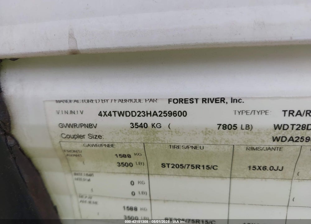 2017 FOREST RIVER WILDWOOD VIN: 4X4TWDD23HA259600