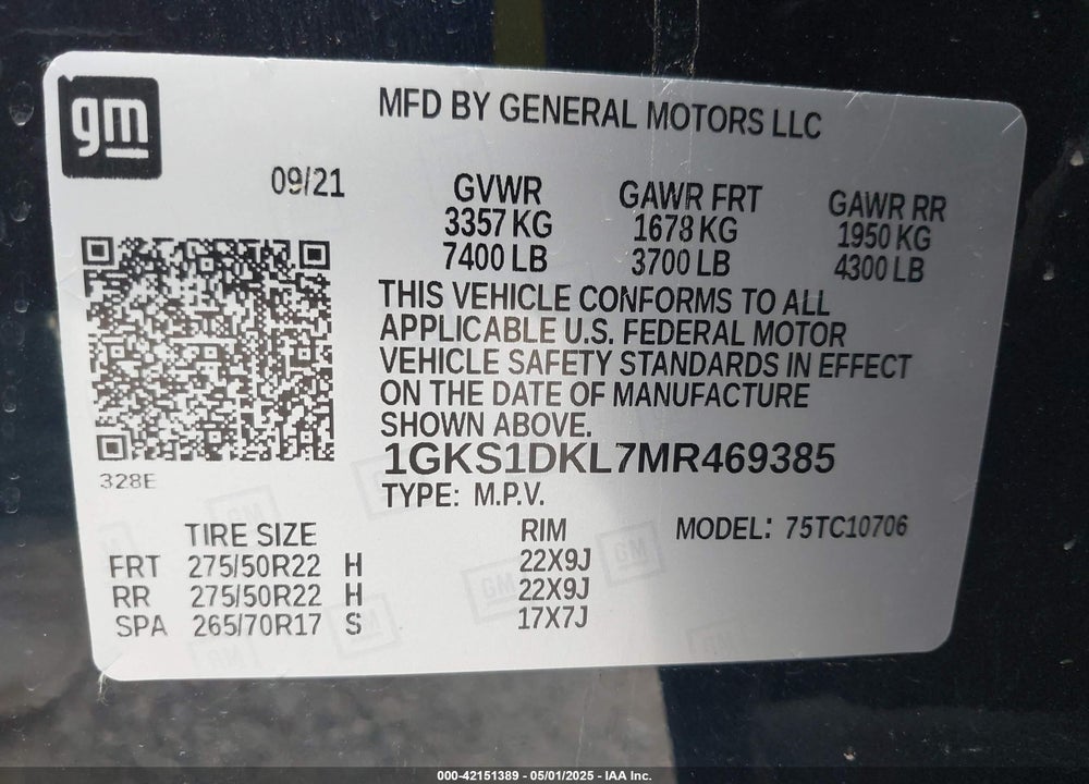 2021 GMC YUKON VIN: 1GKS1DKL7MR469385