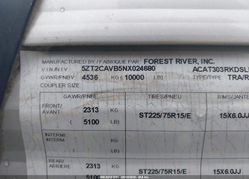 2022 COACHMEN CATALINA VIN: 5ZT2CAVB5NX024680