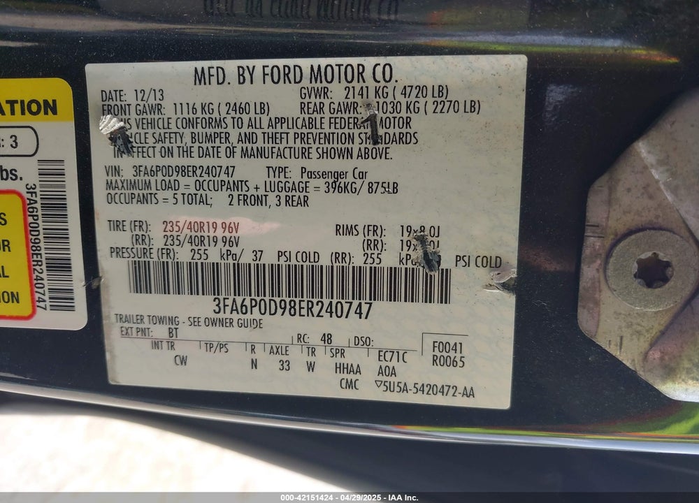 2014 FORD FUSION VIN: 3FA6P0D98ER240747