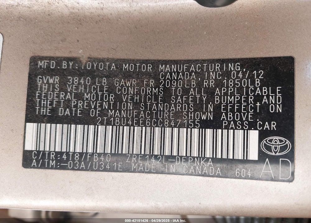 2012 TOYOTA COROLLA LE VIN: 2T1BU4EE6CC847155