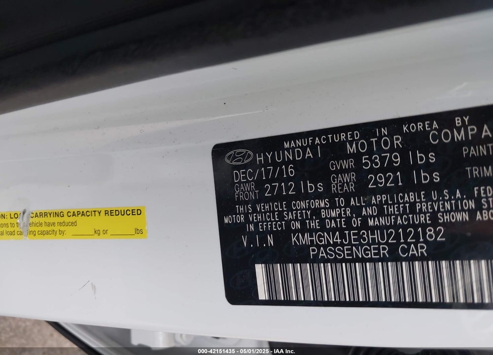 2017 GENESIS G80 VIN: KMHGN4JE3HU212182
