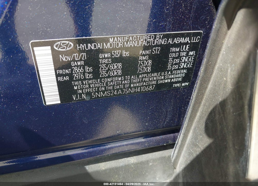 2022 HYUNDAI SANTA FE SEL VIN: 5NMS24AJ5NH410687