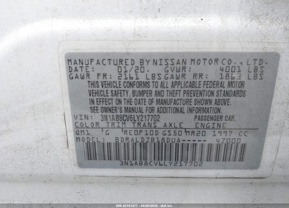 2020 NISSAN SENTRA SV XTRONIC CVT VIN: 3N1AB8CV6LY217702