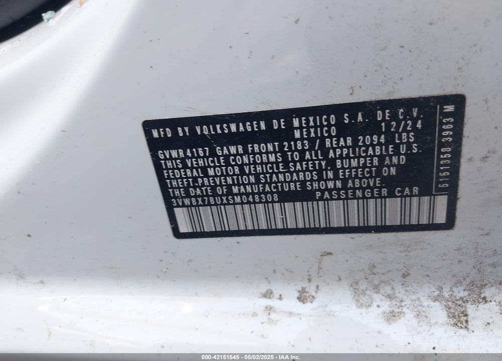 2025 VOLKSWAGEN JETTA VIN: 3VWBX7BUXSM048308