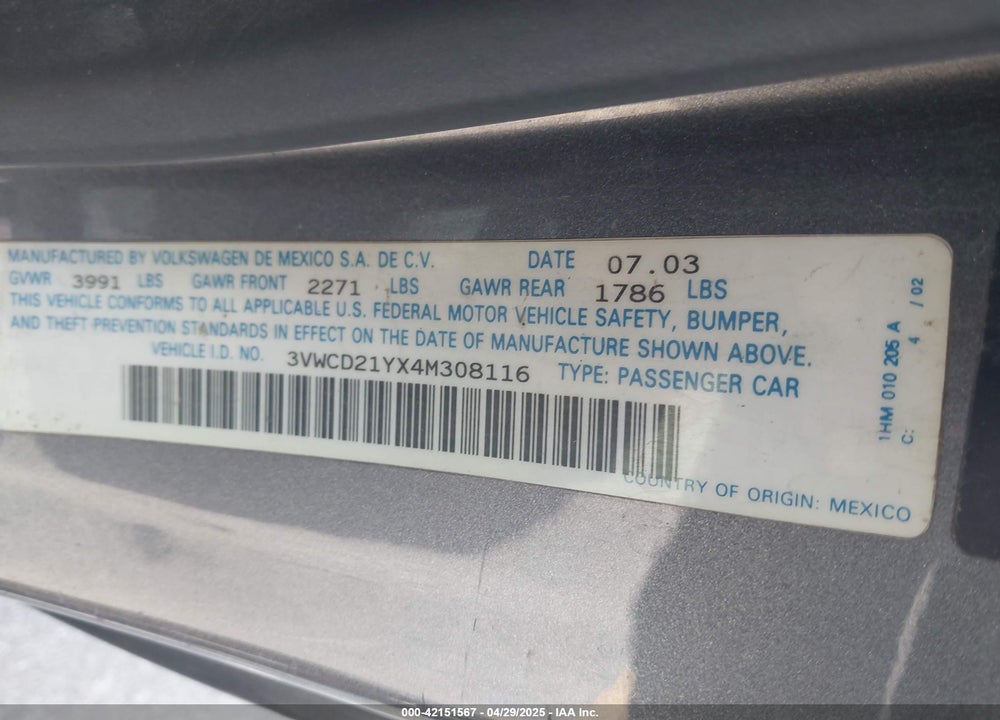 2004 VOLKSWAGEN NEW BEETLE GLS 1.8T VIN: 3VWCD21YX4M308116