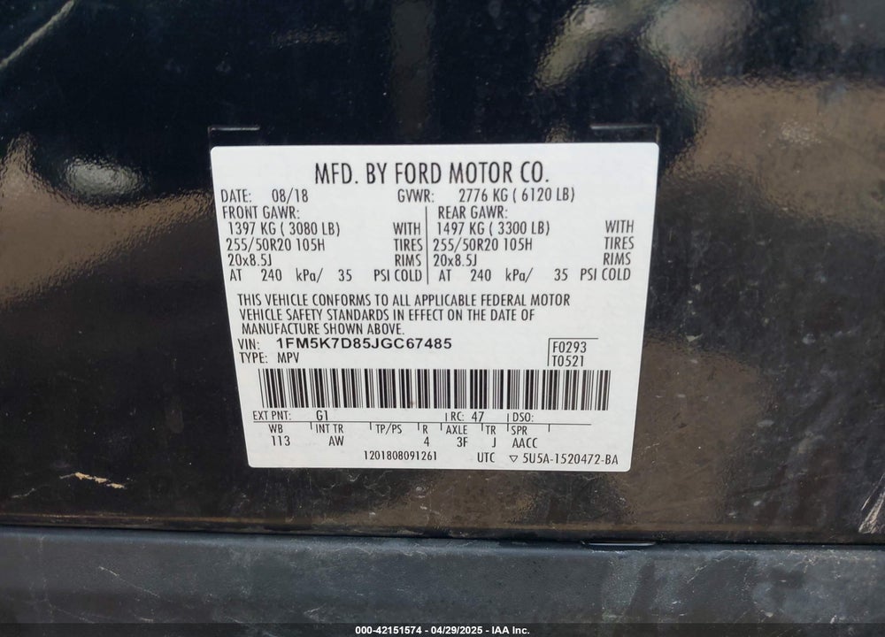 2018 FORD EXPLORER VIN: 1FM5K7D85JGC67485