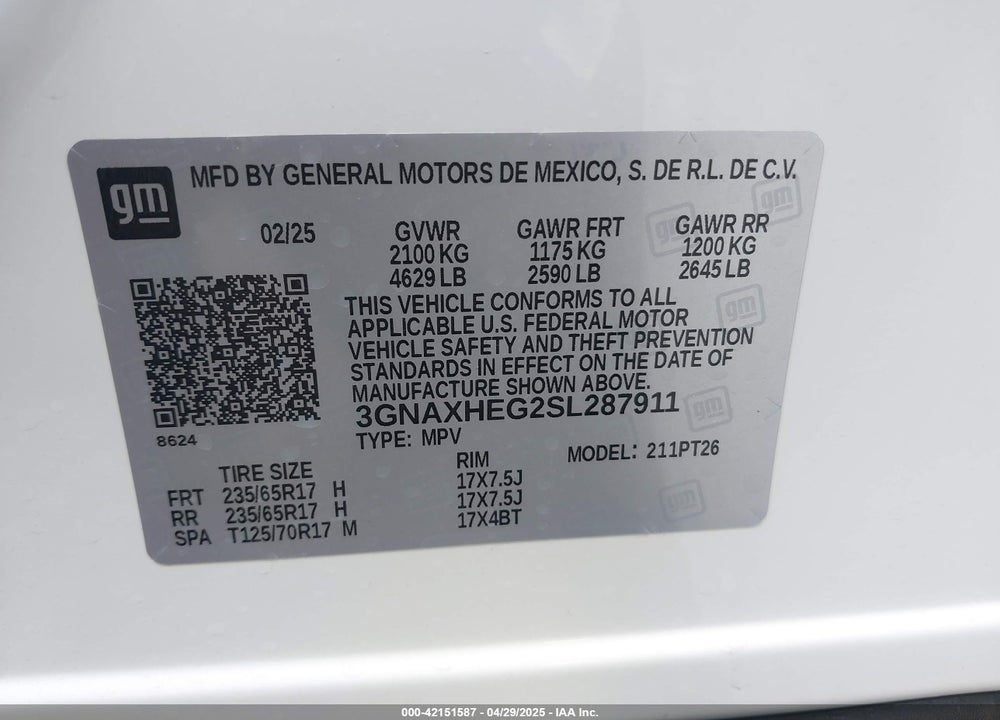 2025 CHEVROLET EQUINOX FWD LT VIN: 3GNAXHEG2SL287911