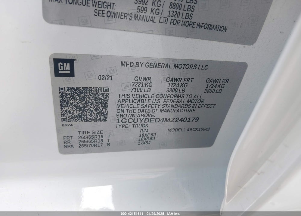 2021 CHEVROLET ALL MODELS VIN: 1GCUYDED4MZ240179
