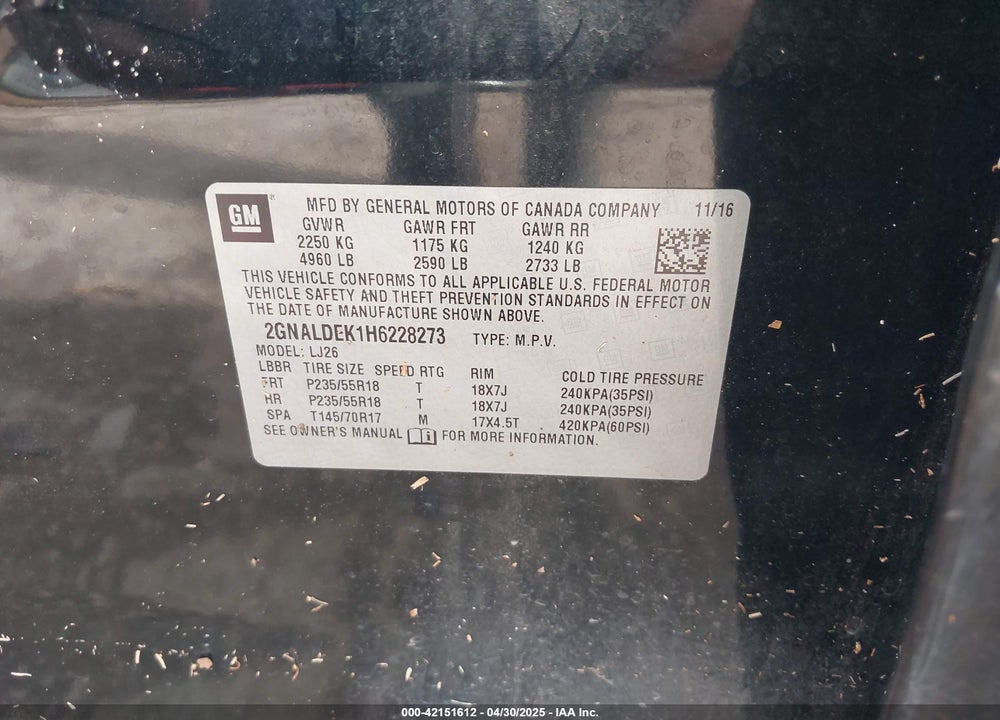 2017 CHEVROLET EQUINOX VIN: 2GNALDEK1H6228273