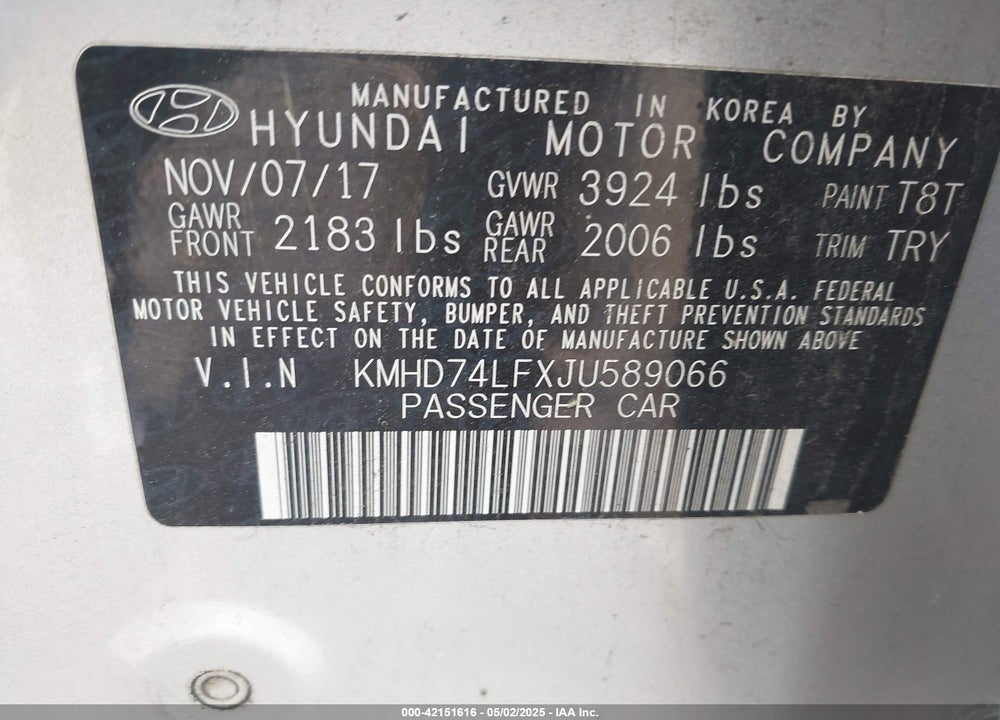 2018 HYUNDAI ELANTRA SE VIN: KMHD74LFXJU589066