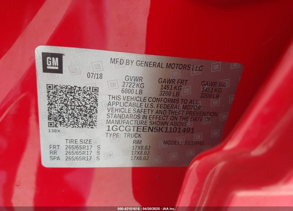 2019 CHEVROLET COLORADO VIN: 1GCGTEEN5K1101491