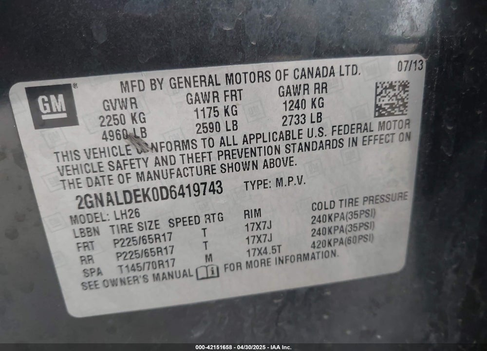 2013 CHEVROLET EQUINOX VIN: 2GNALDEK0D6419743