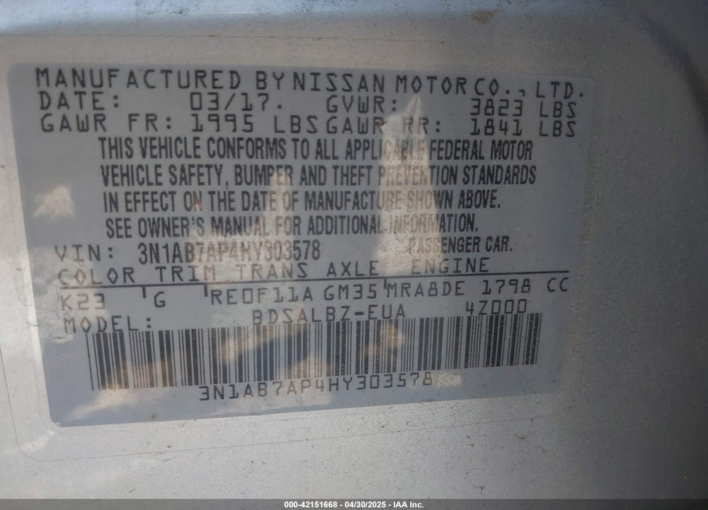 2017 NISSAN SENTRA S VIN: 3N1AB7AP4HY303578