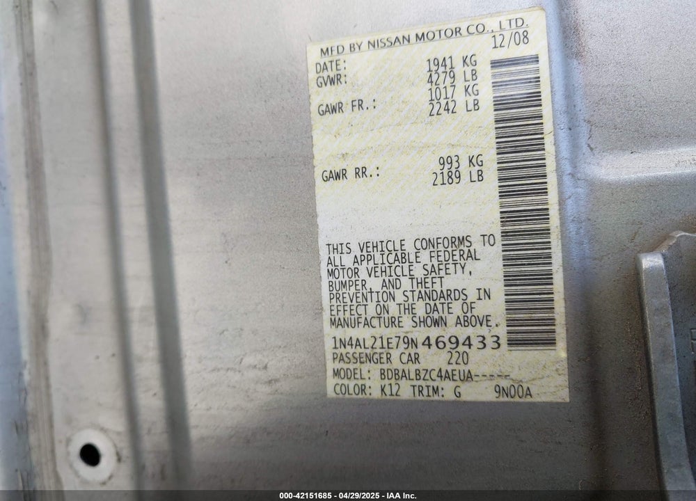 2009 NISSAN ALTIMA VIN: 1N4AL21E79N469433