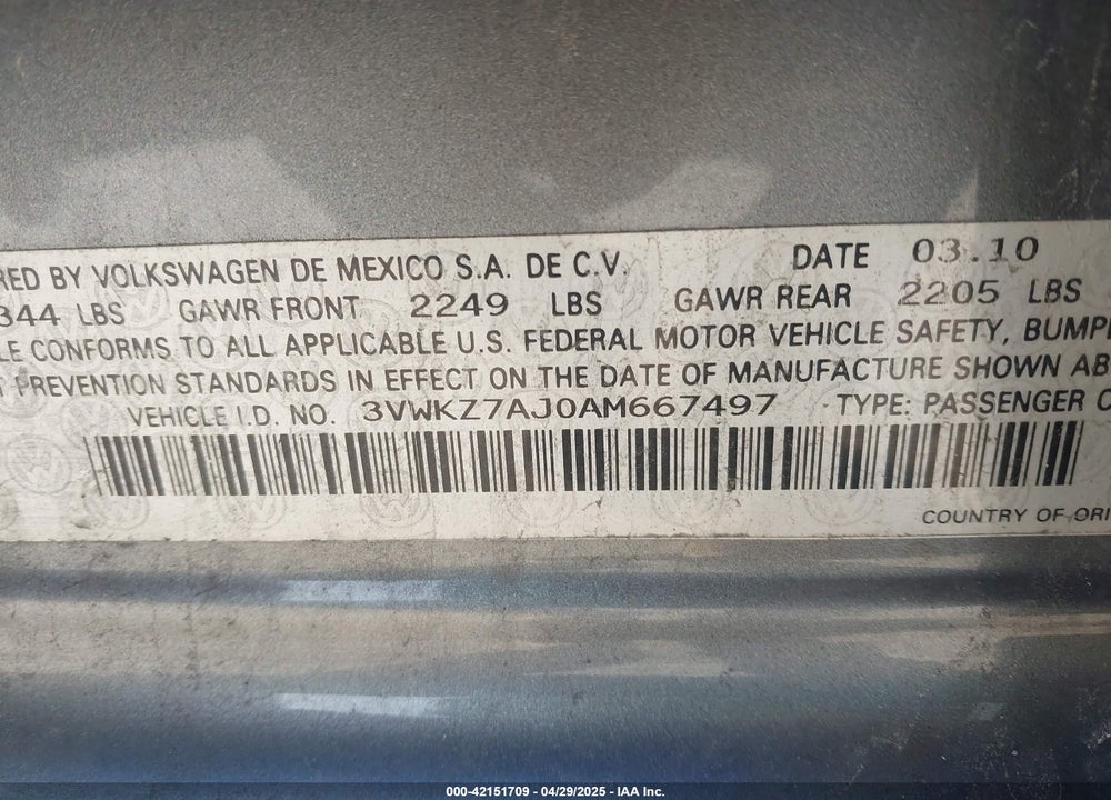 2010 VOLKSWAGEN JETTA VIN: 3VWKZ7AJ0AM667497