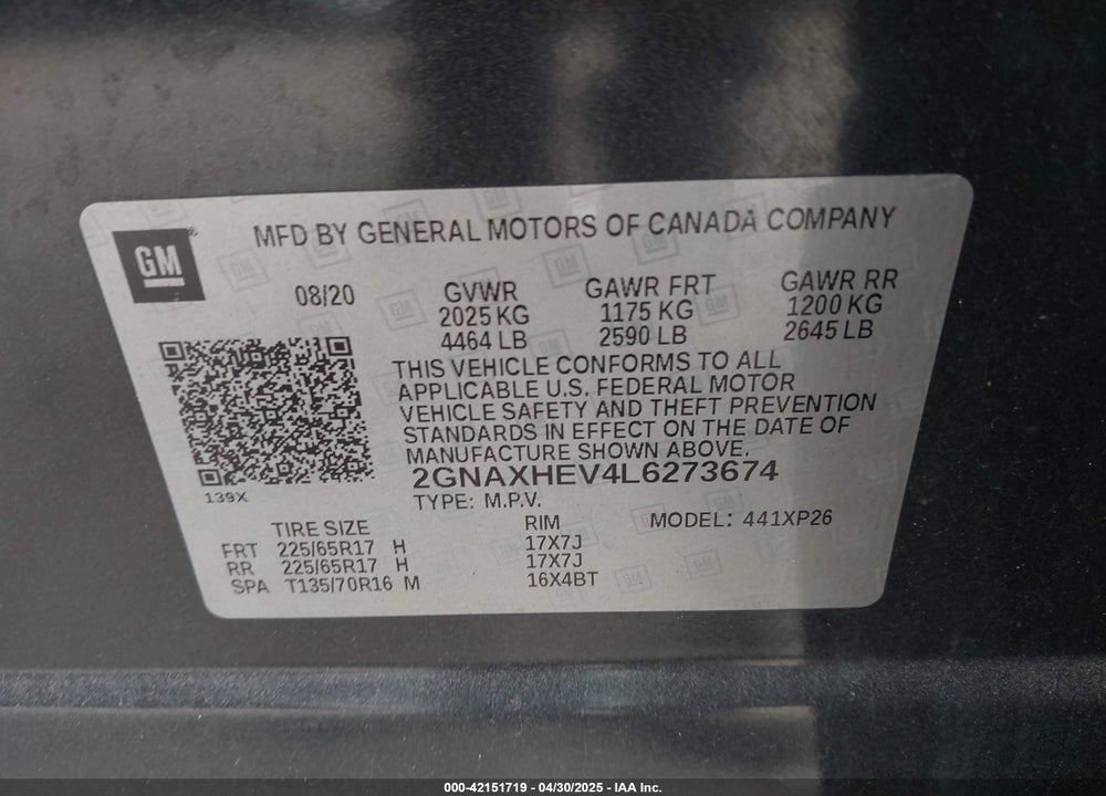 2020 CHEVROLET EQUINOX FWD LS VIN: 2GNAXHEV4L6273674