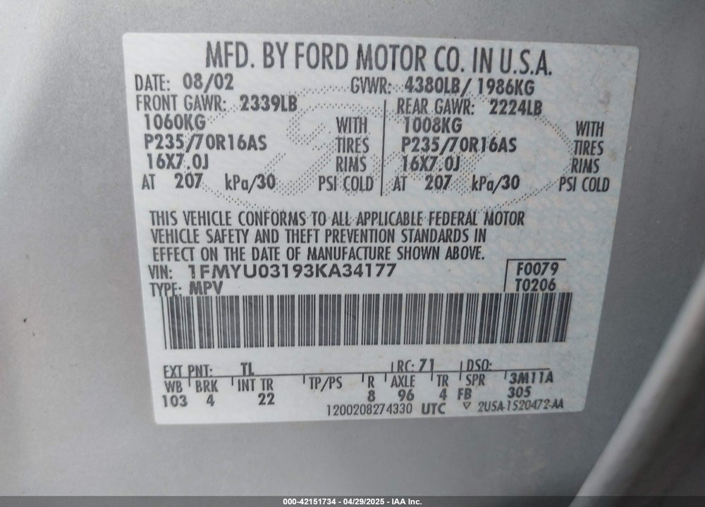2003 FORD ESCAPE XLT VIN: 1FMYU03193KA34177