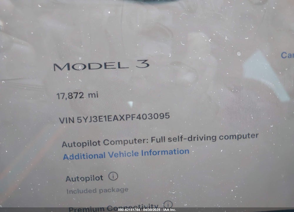 2023 TESLA MODEL 3 REAR-WHEEL DRIVE VIN: 5YJ3E1EAXPF403095