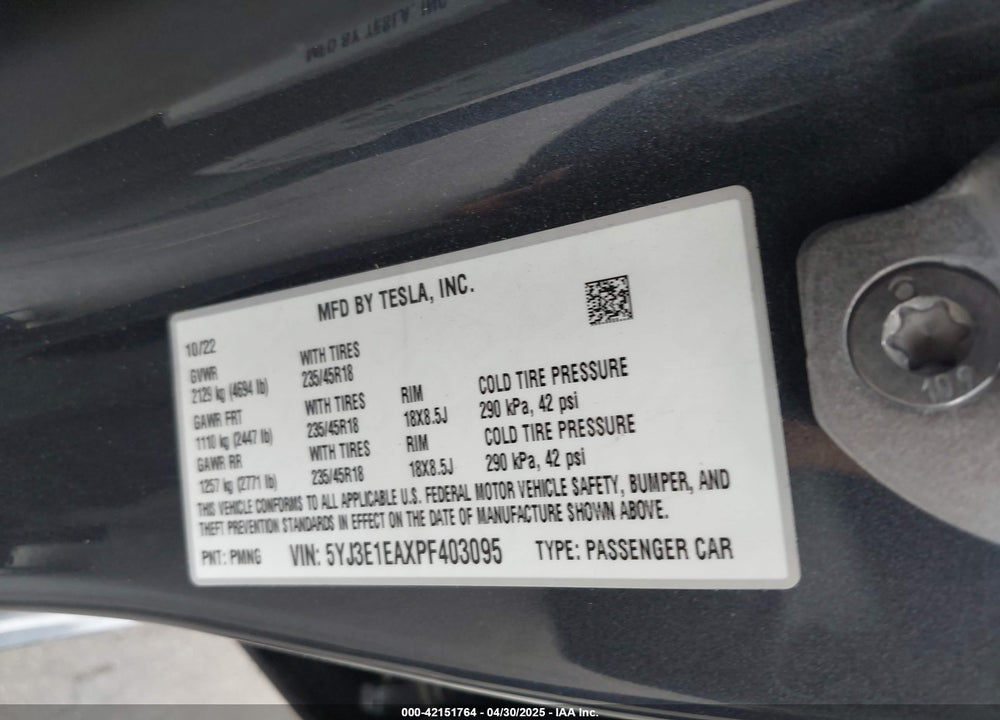 2023 TESLA MODEL 3 REAR-WHEEL DRIVE VIN: 5YJ3E1EAXPF403095