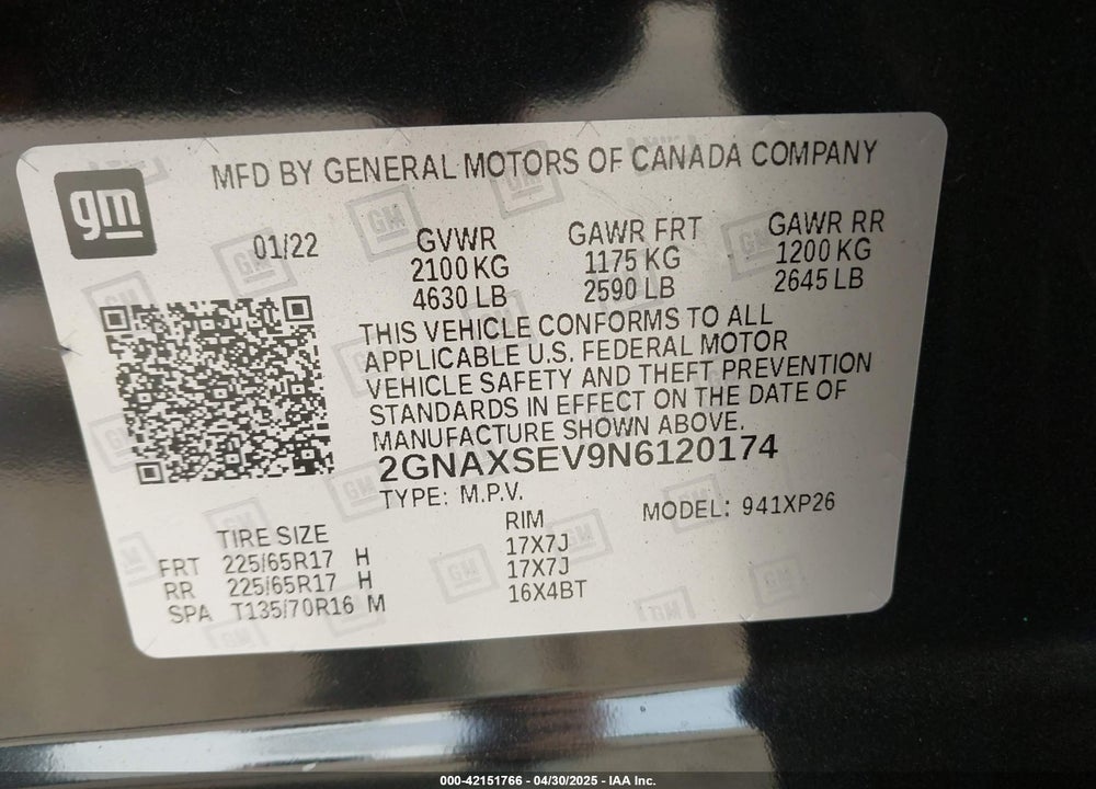 2022 CHEVROLET EQUINOX VIN: 2GNAXSEV9N6120174
