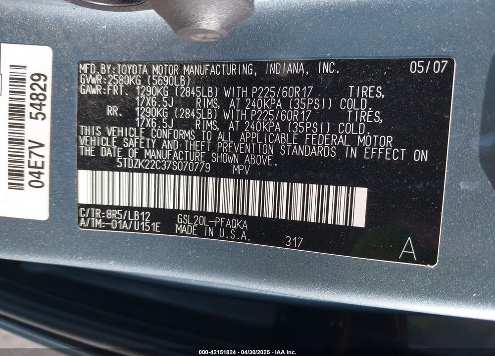 2007 TOYOTA SIENNA XLE VIN: 5TDZK22C37S070779