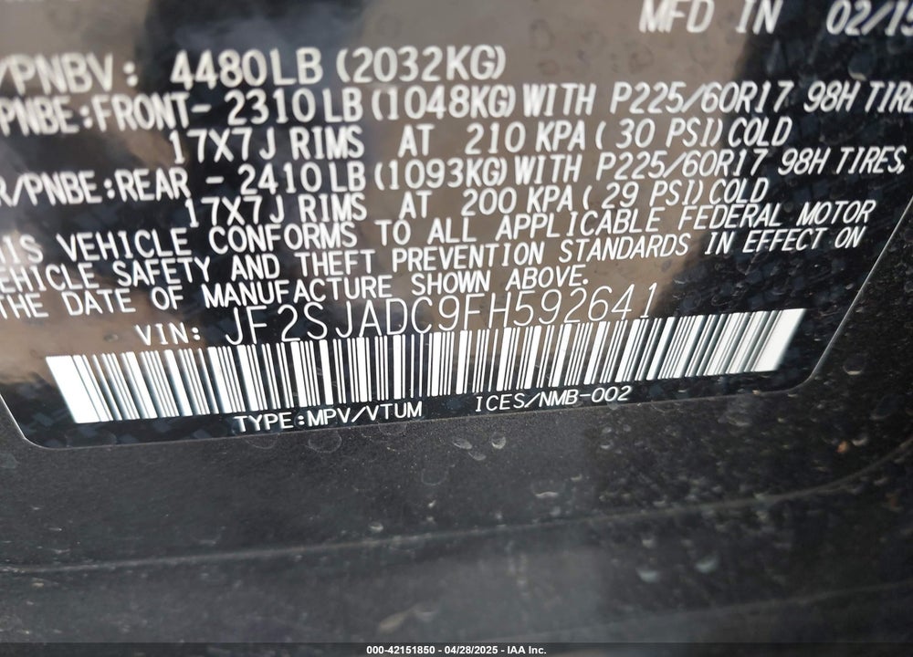 2015 SUBARU FORESTER VIN: JF2SJADC9FH592641