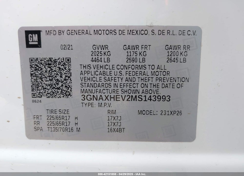 2021 CHEVROLET EQUINOX FWD LS VIN: 3GNAXHEV2MS143993