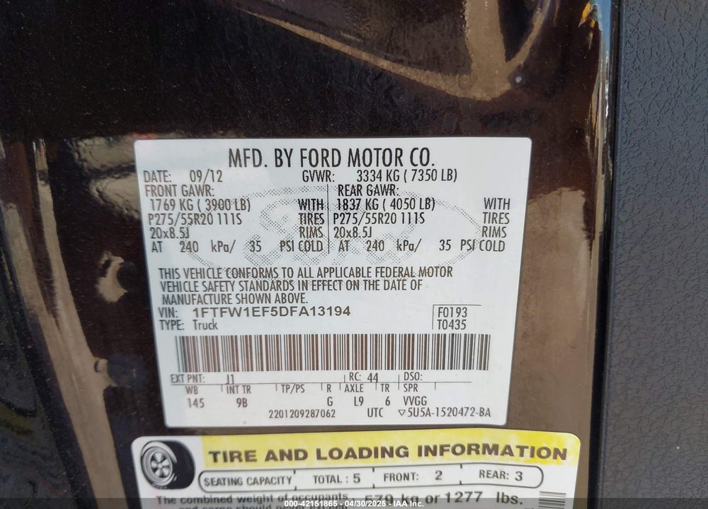 2013 FORD F-150 VIN: 1FTFW1EF5DFA13194