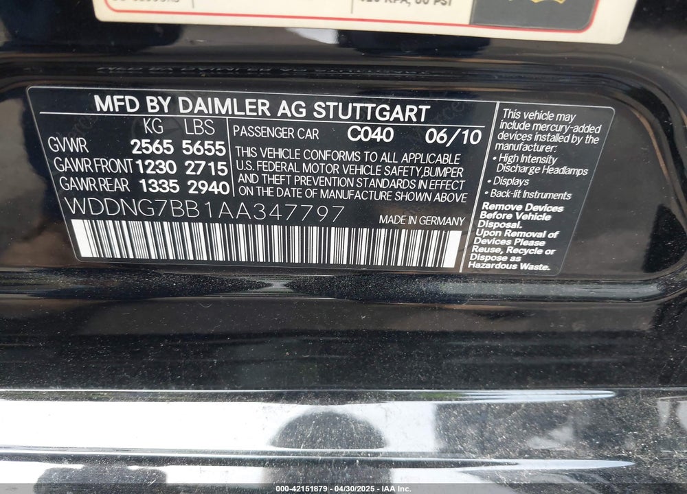 2010 MERCEDES-BENZ S 550 VIN: WDDNG7BB1AA347797