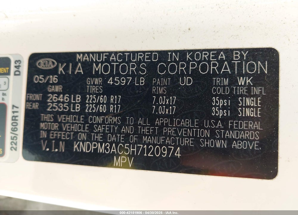 2017 KIA SPORTAGE LX VIN: KNDPM3AC5H7120974