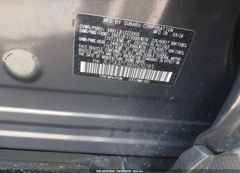 2024 SUBARU FORESTER PREMIUM VIN: JF2SKACC8RH509283