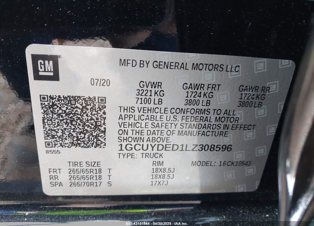 2020 CHEVROLET SILVERADO 1500 VIN: 1GCUYDED1LZ308596