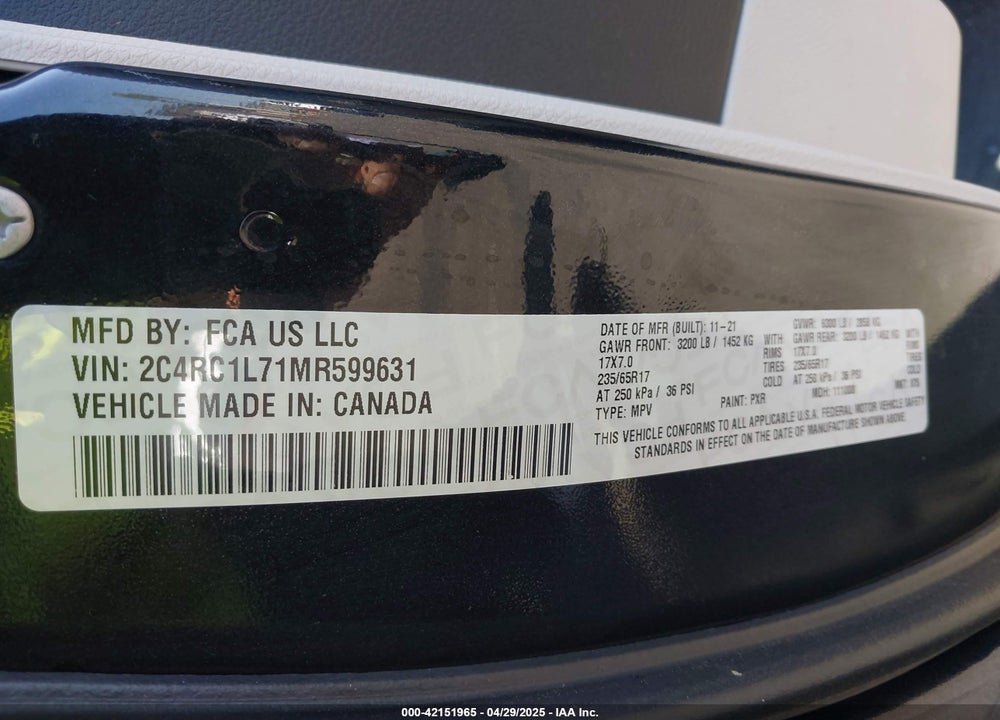 2021 CHRYSLER PACIFICA HYBRID TOURING L VIN: 2C4RC1L71MR599631