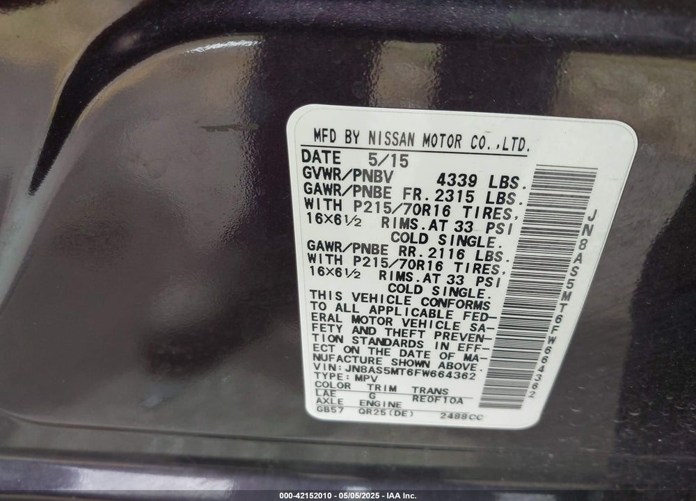 2015 NISSAN ROGUE SELECT S VIN: JN8AS5MT6FW664362