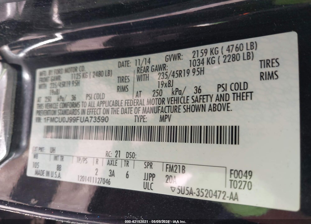 2015 FORD ESCAPE TITANIUM VIN: 1FMCU0J99FUA73590
