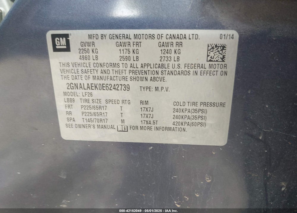 2014 CHEVROLET EQUINOX VIN: 2GNALAEK0E6242739