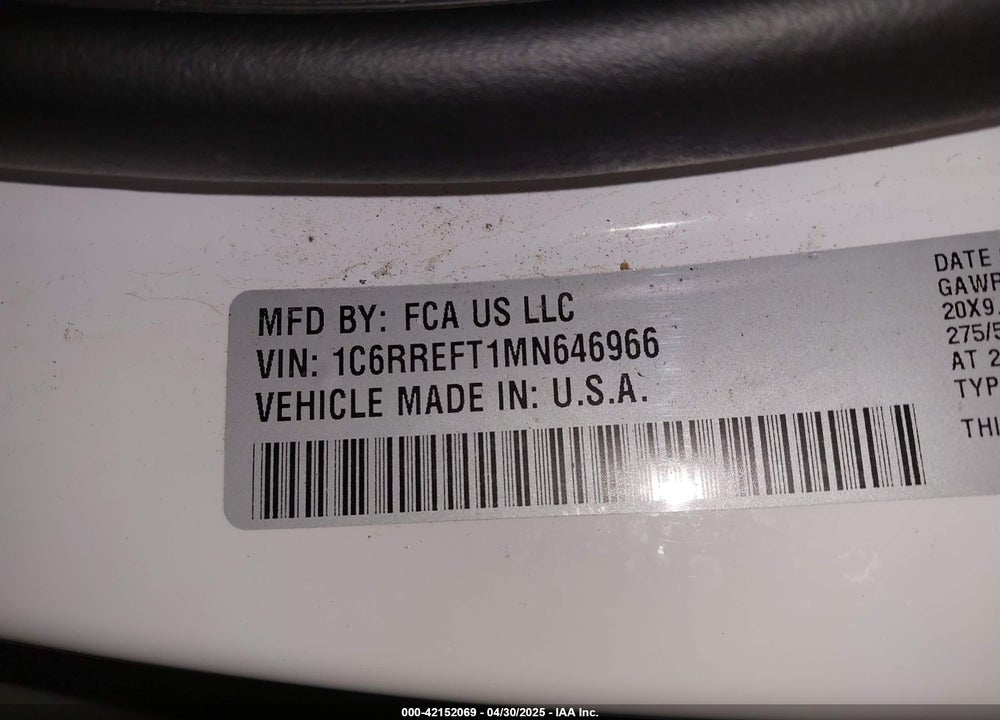 2021 RAM 1500 VIN: 1C6RREFT1MN646966
