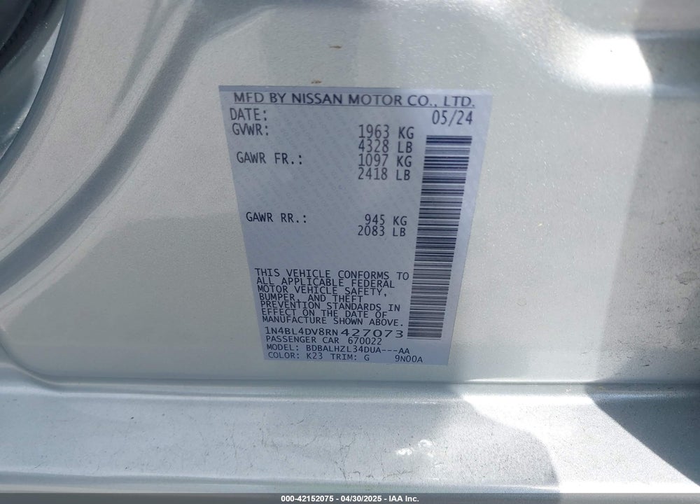 2024 NISSAN ALTIMA SV FWD VIN: 1N4BL4DV8RN427073