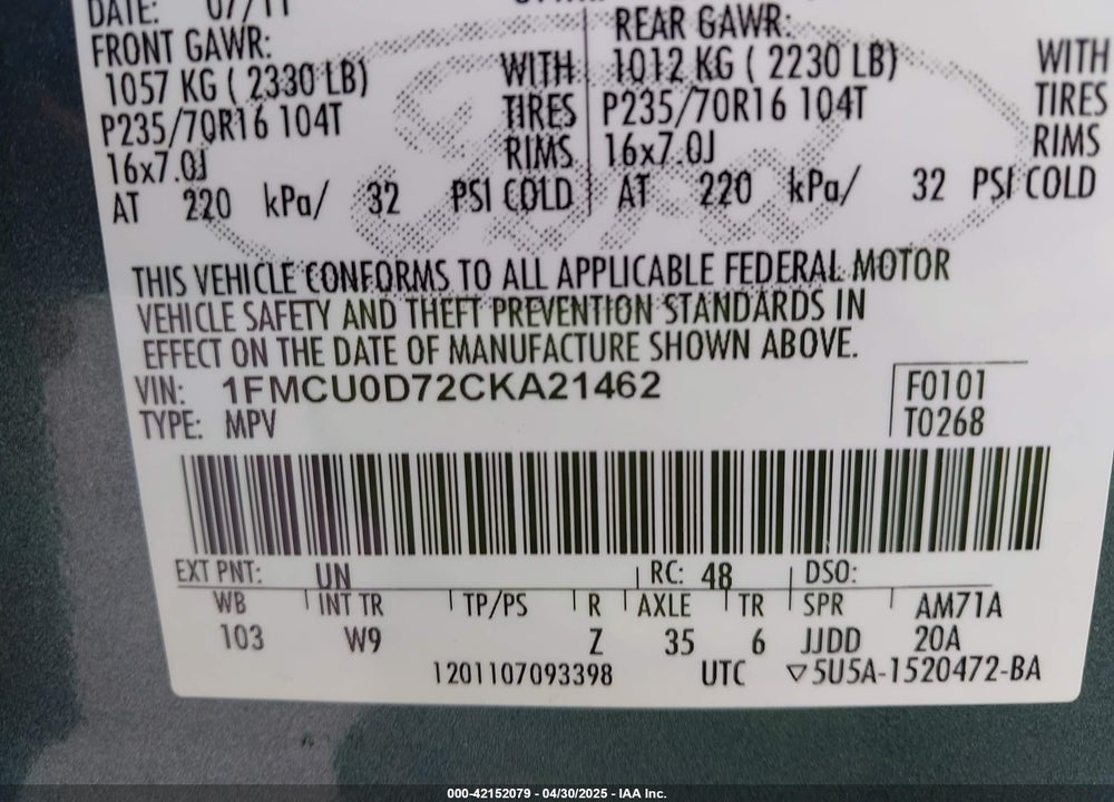 2012 FORD ESCAPE XLT VIN: 1FMCU0D72CKA21462