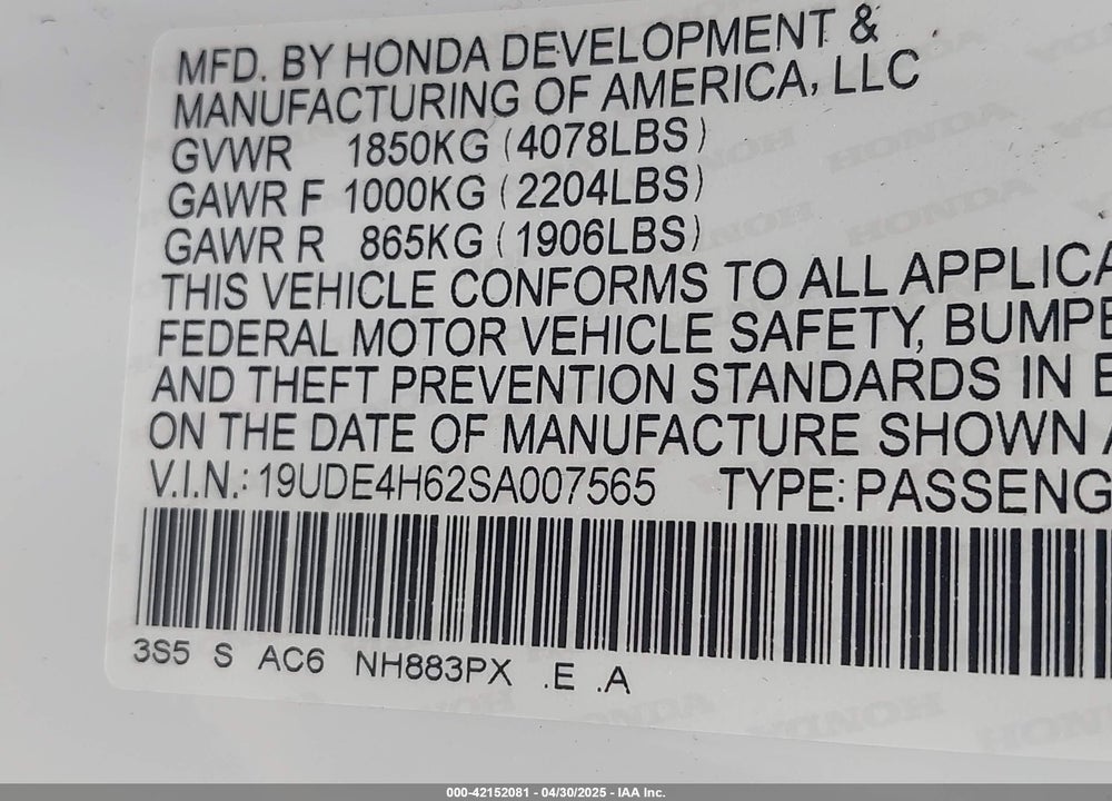 2025 ACURA INTEGRA A-SPEC TECHNOLOGY VIN: 19UDE4H62SA007565