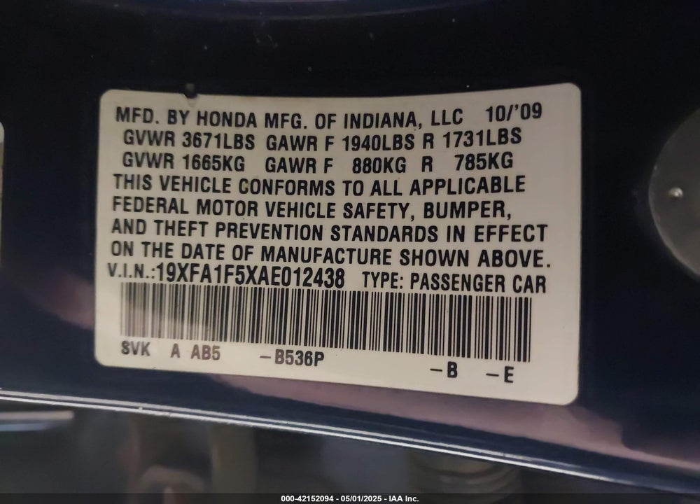 2010 HONDA CIVIC LX VIN: 19XFA1F5XAE012438