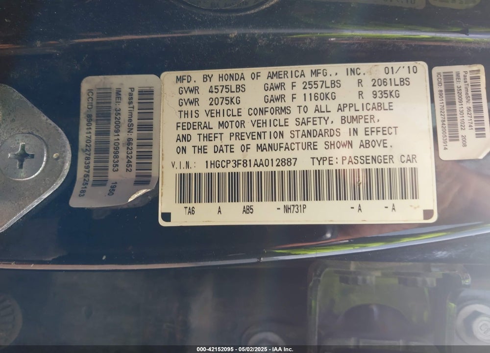 2010 HONDA ACCORD VIN: 1HGCP3F81AA012887