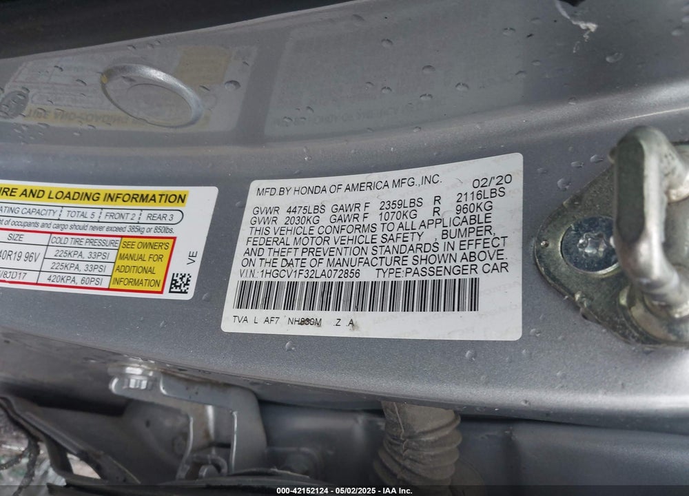 2020 HONDA ACCORD VIN: 1HGCV1F32LA072856