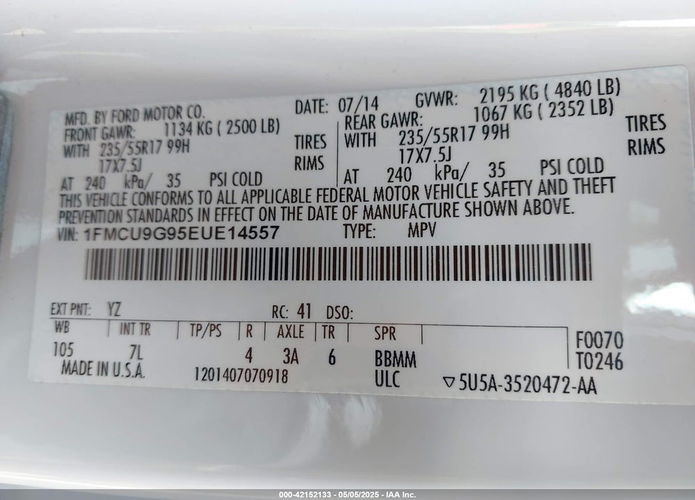 2014 FORD ESCAPE SE VIN: 1FMCU9G95EUE14557