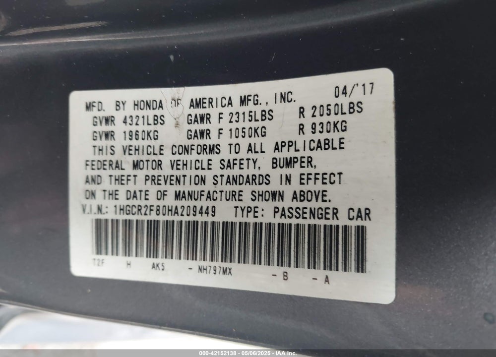 2017 HONDA ACCORD EX-L VIN: 1HGCR2F80HA209449