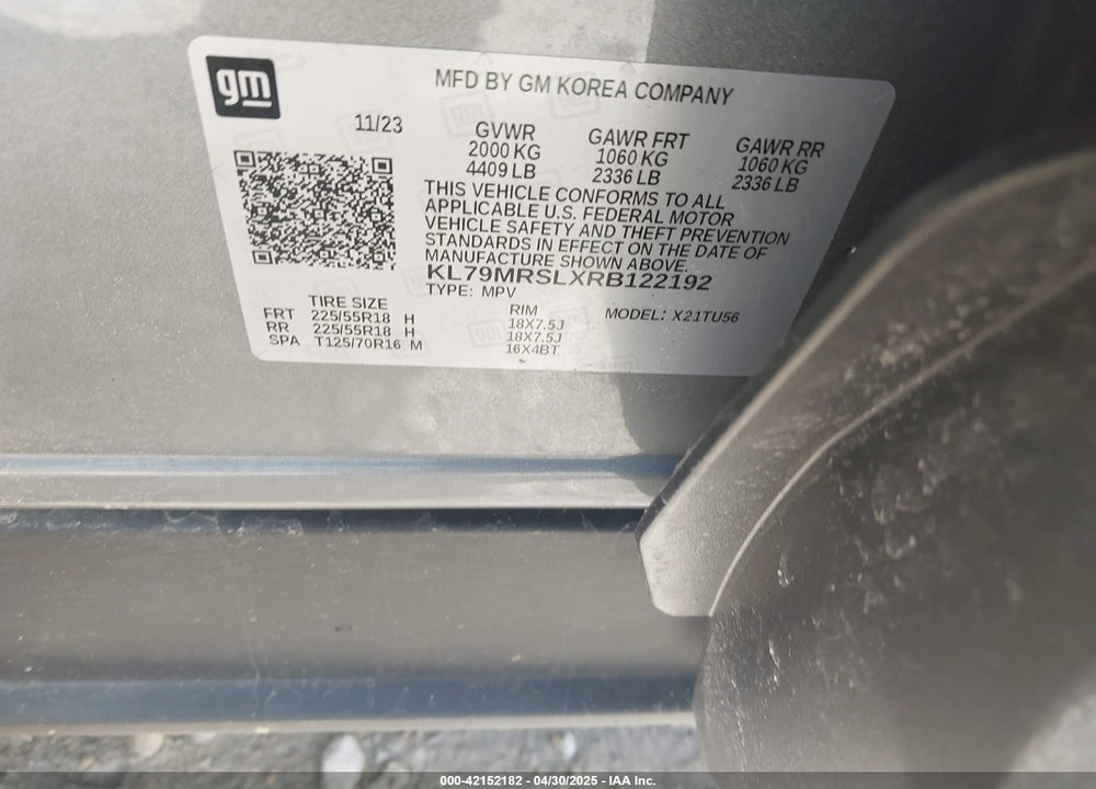 2024 CHEVROLET TRAILBLAZER VIN: KL79MRSLXRB122192