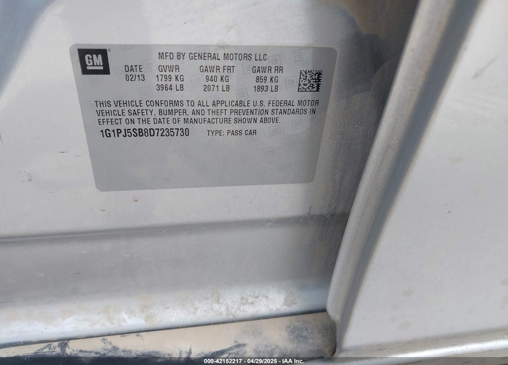 2013 CHEVROLET CRUZE VIN: 1G1PJ5SB8D7235730
