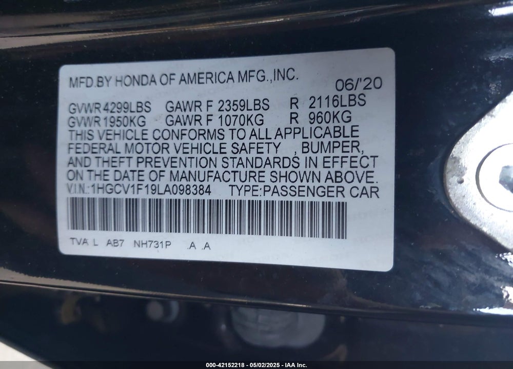 2020 HONDA ACCORD LX VIN: 1HGCV1F19LA098384